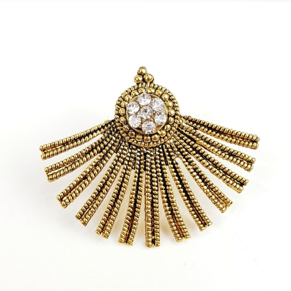 Antiqued Gold Rhinestone Fan Earrings - Picture 2 of 5